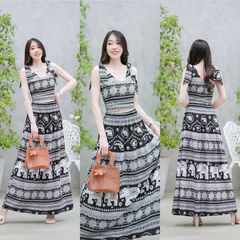 เสื้อผูกไหล่ลายช้างคอวี แบบผูกเองปรับสายได้ มีซิปซ่อนด้านข้าง + กระโปรงยาว