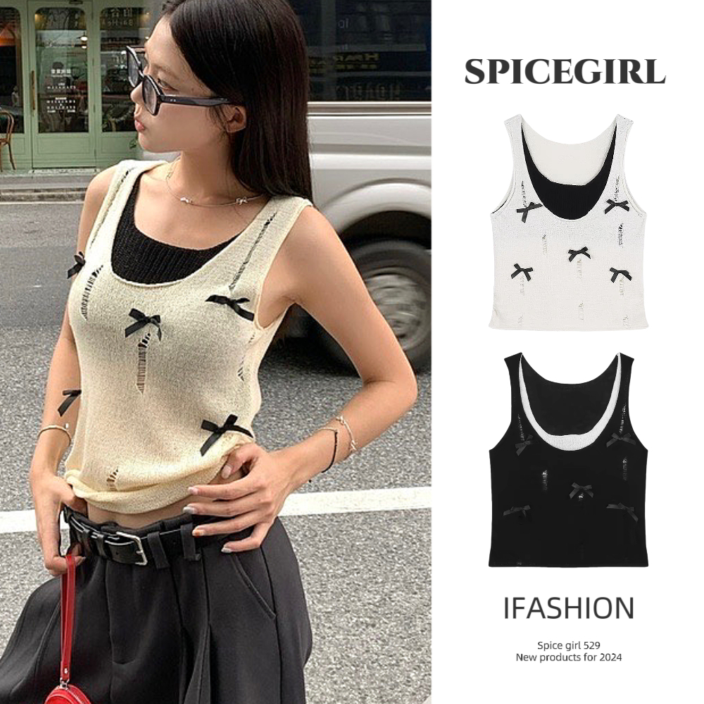 Spice girl เสื้อกล้ามได้เหมือน2ชิ้น ผ้าถัถดี ตกแต่งโบว์ 2สี ทรงหลวม สไตล์เกาหลี เสื้อดีมีความยืด ใส่สบายไม่คัน