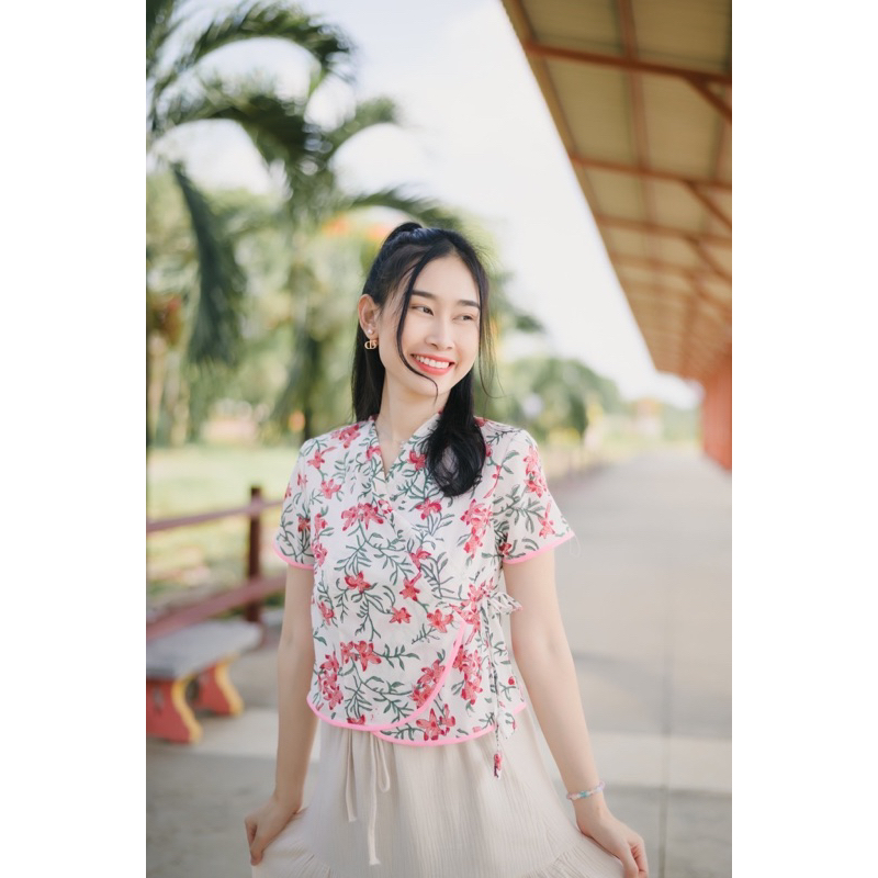 เสื้อป้ายเจ้านางแขนสั้น ผ้าอินเดีย ♡ Handblock