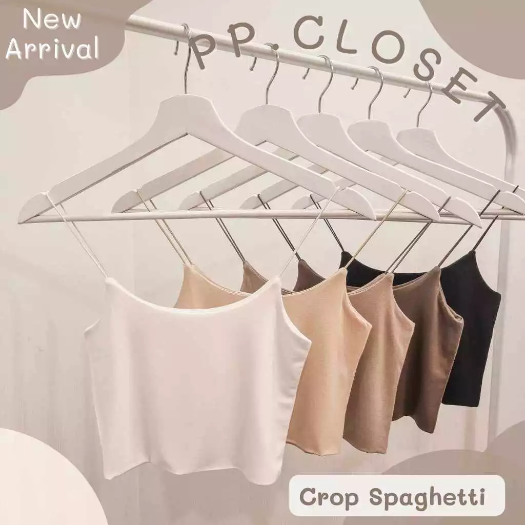 PP♡CLOSET💕New♡เสื้อครอปสายเดี่ยวคอยู สายสปาเก็ตตี้ เนื้อผ้าเรย่อนหนา2ชั้น