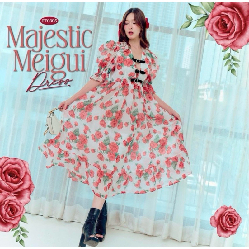 Flat2112/ส่งต่อเดรสป้ายFlat2112 แม็กซี่เดรสผ้าชีฟองพิมพ์ลายดอกกุหลาบสีแดง/Freesize/มือ2สภาพดี