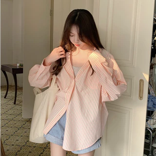 aililai1688 เสื้อเชิ้ตแขนยาว เชิ้ตลำลอง ลายริ้ว ลายทาง น่ารัก สไตล์สาวเกาเวอร์ สีสันสดใส คัลเลอร์ฟูล