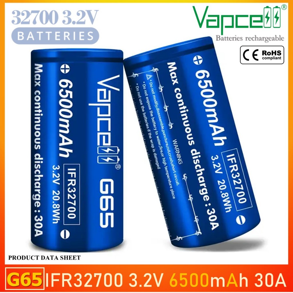 [หัวแบน] ถ่านชาร์จ 32700 Vapcell G65 IFR32700 3.2V  6500mah 30A สีน้ำเงิน
