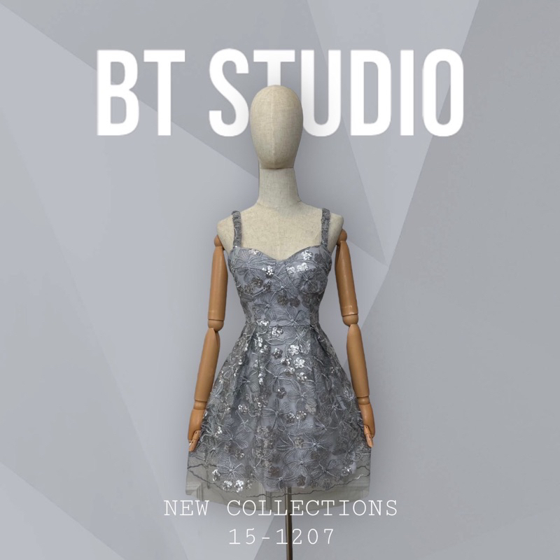 BT15-1207 เดรสสายเดี่ยว ตีเกล็ดช่วงอกเสริมฟองน้ำ ช่วงสายและช่วงตัวเนื้อผ้าตาข่ายปักลายนูนดอกไม้ งานป