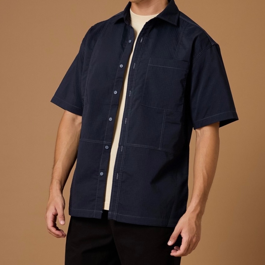 TWENTYSECOND เสื้อเชิ้ตแขนสั้น ผ้า Ripstop รุ่น Cody Relaxed Shirt - กรม / Dark Blue