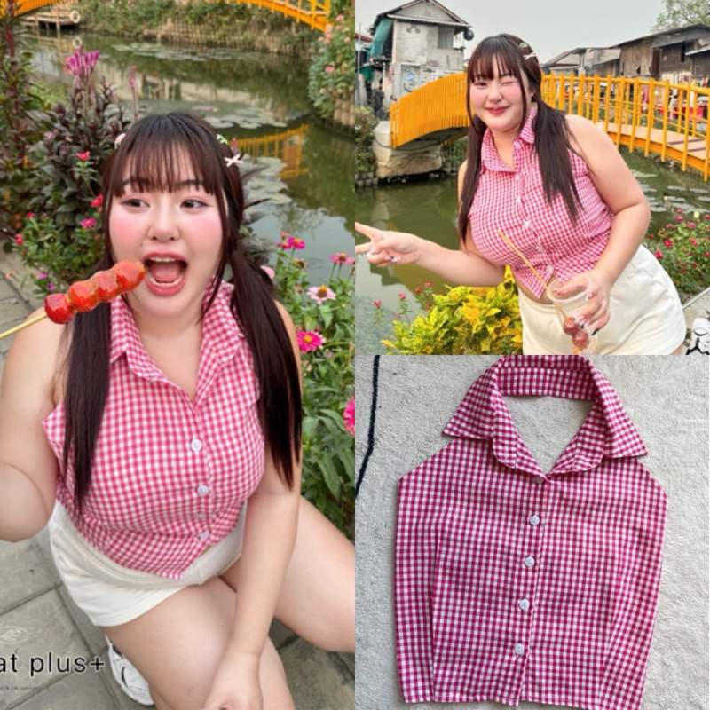 WP เสื้อกล้ามคอปก กระดุมหน้า ลายสก๊อตน่ารักๆ ไซส์ใหญ่ สาวอวบ