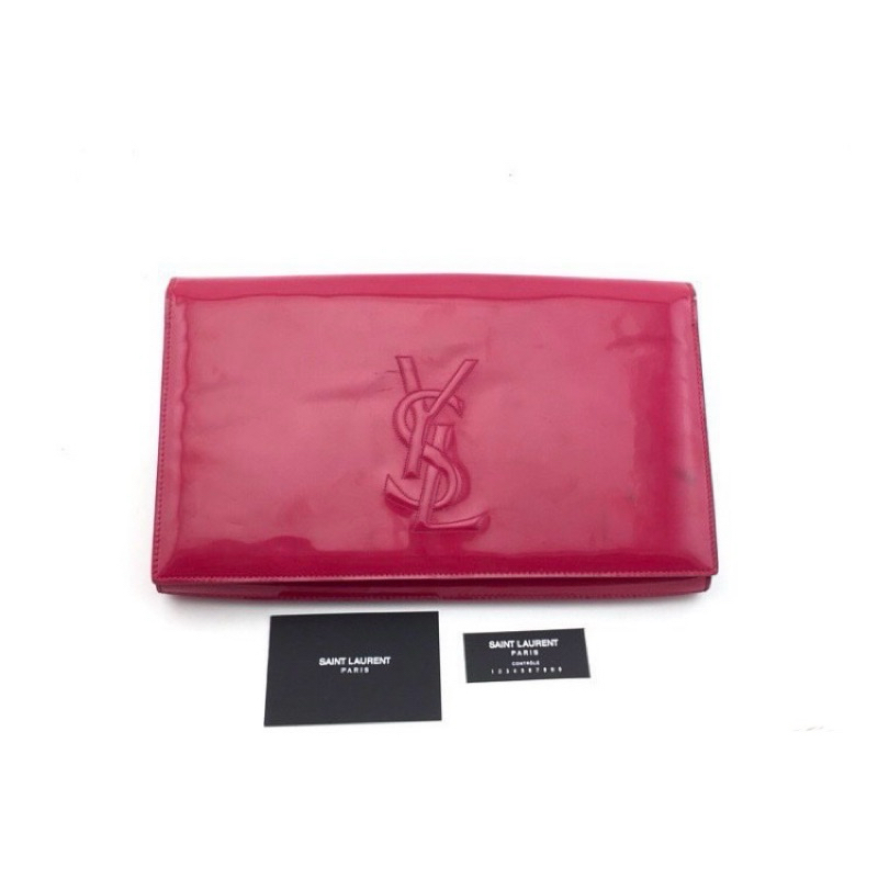 กระเป๋า Yves Saint Laurent YSL Pink Patent Leather Bag Clutch ขนาด 11″ นิ้ว สีชมพูเข้ม หนังแก้ว