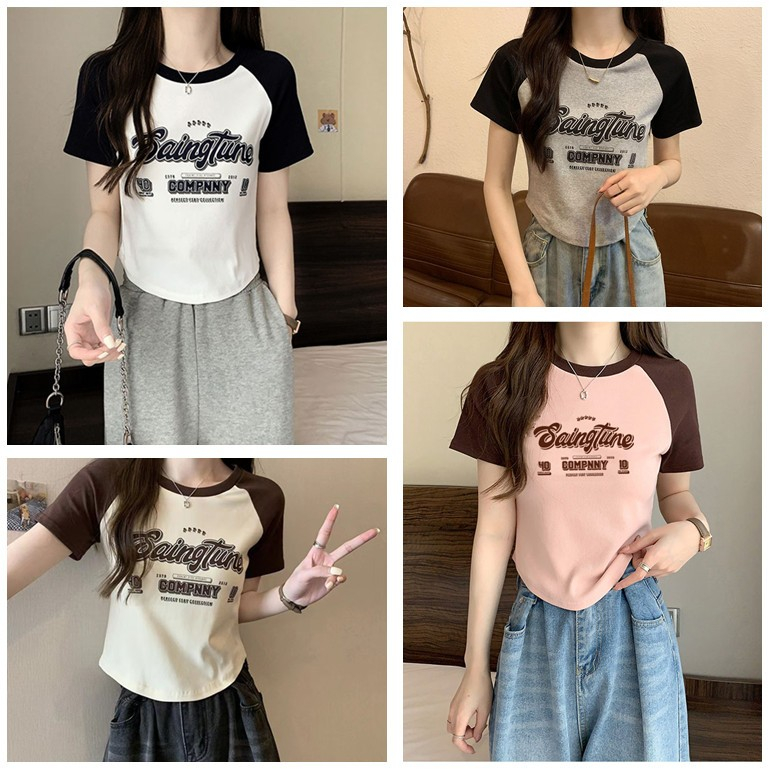 เสื้ออครอปสลิมฟิตเกาหลี สีทูโทนน่ารักม้าก เสื้อผ้าสาวอวบแฟชั่นมาใหม่ เสื้อยืดผู้หญิงรัดรูปสวยๆ แนวสตรีท ฮิปฮอป กําลังฮิต