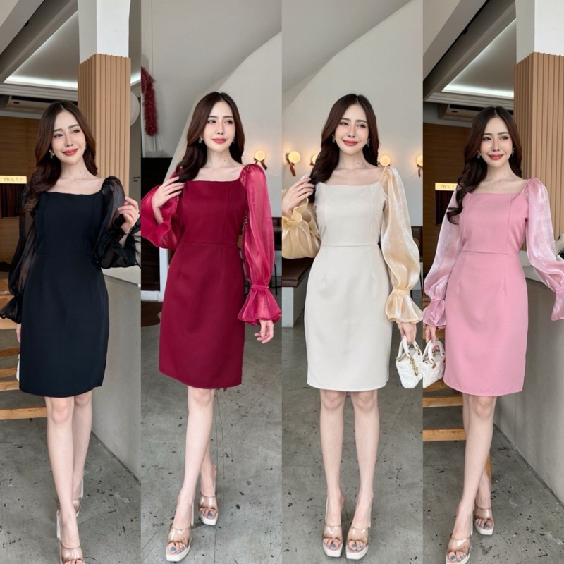 เดรสออกงานแขนพองฟรุ้งฟริ้ง ทรงสอบเข้ารูปสวย ป้าย mabel