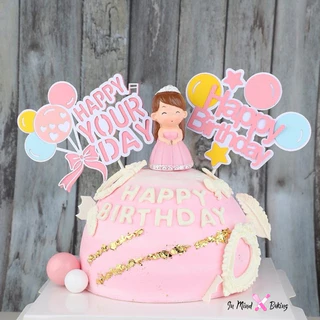ป้ายปักเค้ก Happy Birthday การ์ตูนน่ารัก ลูกโป่งรูปดาวหมวก