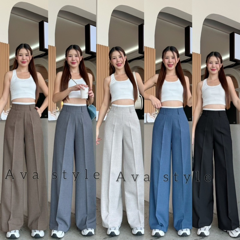 Covee style 🔥กางเกงขากระบอกเอวสูง ชิปข้าง(ผ้าโควี่)  ผ้าดีทรงสวย