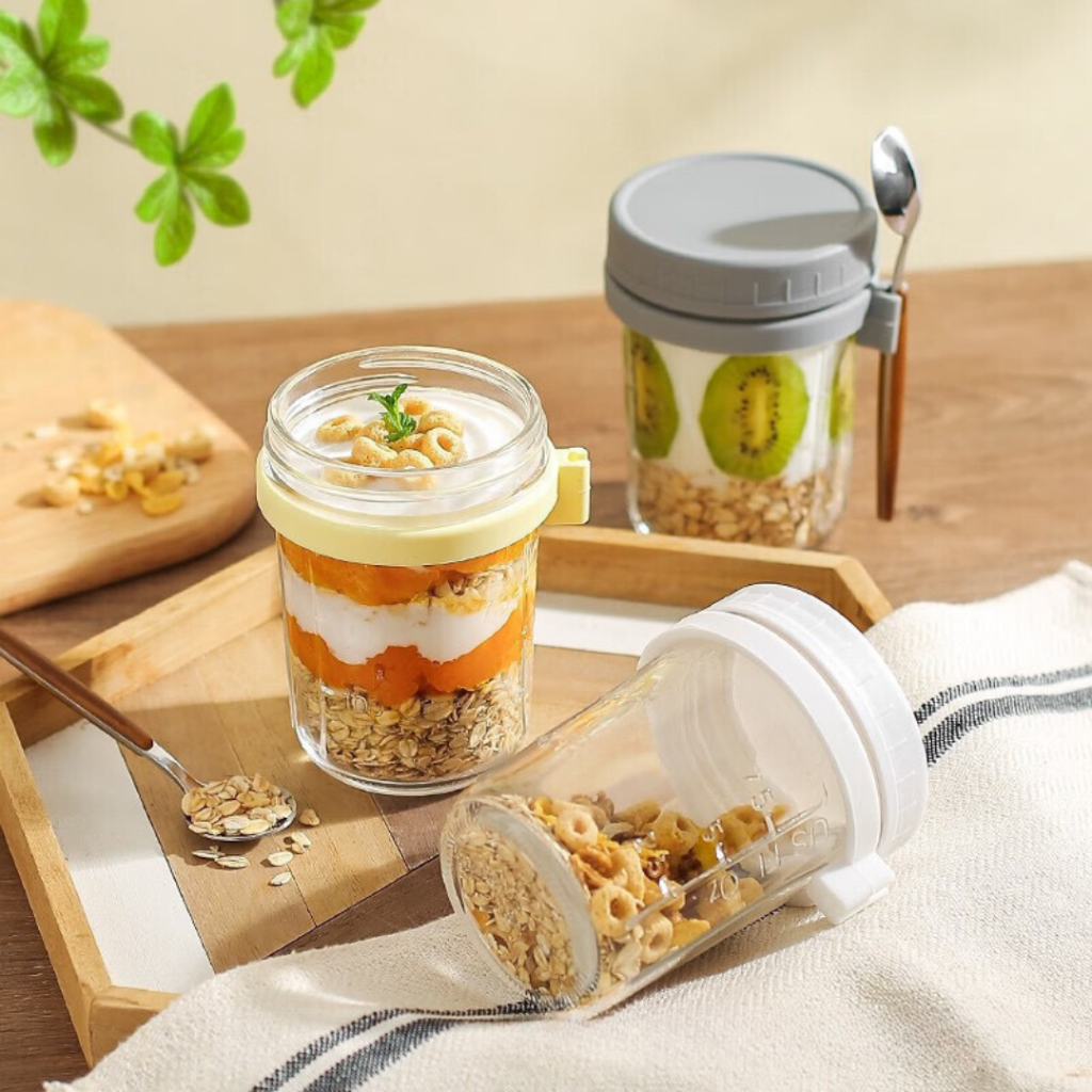 แก้วโอเวอร์ไนท์โอ๊ต Overnight oat แก้วอาหารเช้า แก้วน้ำแบบพกพา 350ml มีฝาปิดและช้อน ถ้วยข้าวโอ๊ต