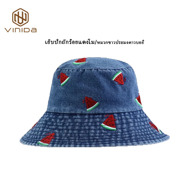 หมวกบักเก็ตยีน ปักลายแตงโม เข้ากับทุกการแต่งกาย 357แฟชั่นสําหรับผู้หญิง สินค้าอยู่ในไทย