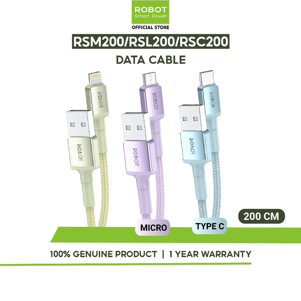 ROBOT  สายชาร์จมือถือ Micro USB/ Type-C สายชาร์จ แบบ 2.4A ชาร์จเร็ว ชาร์จไว สายถัก ยาว 200ซม.