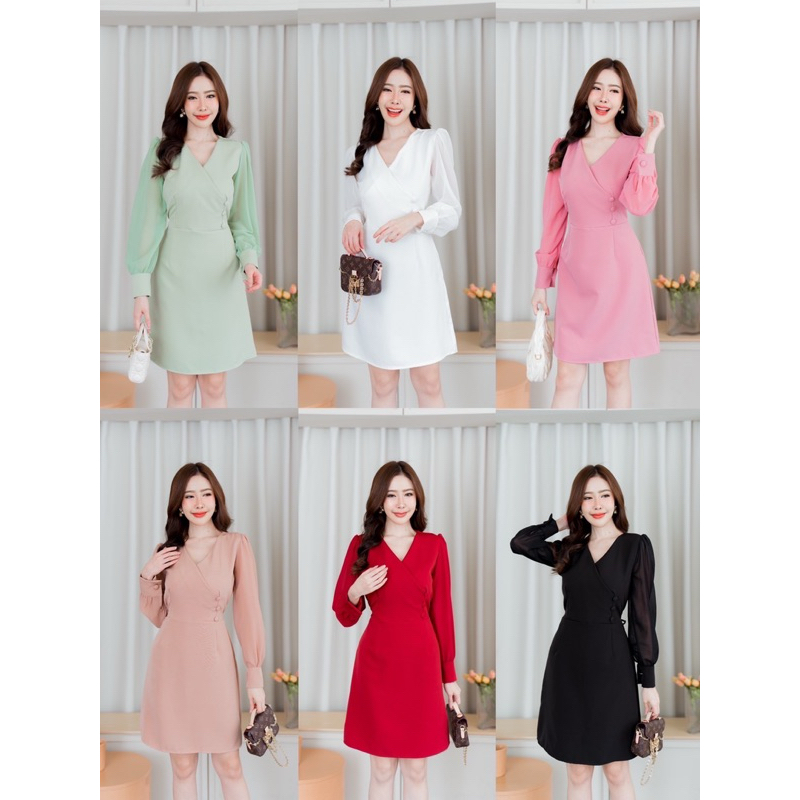 marriaเดรสไขว้หน้าแขนชีฟองแต่งกระดุม งานมาใหม่ ดีเทลเรียบหรู ดูแพงสุดๆ จะใส่ออกงาน  ทำงานชุดเดียวเอาอยู่  ป้ายvera