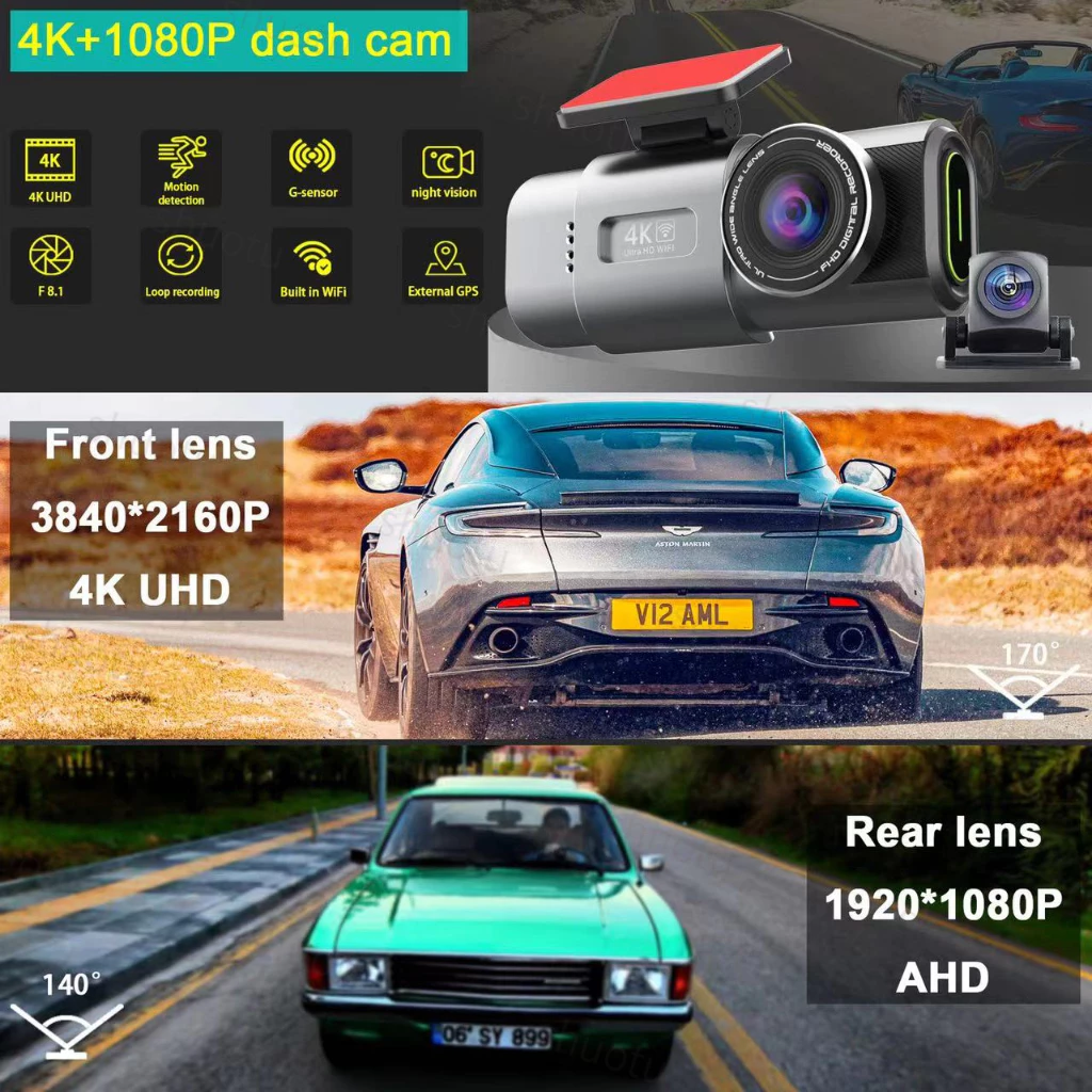 4K dash cam กล้องติดรถยนต์ 2160P ULTRA HD กล้องหน้าหลัง มุมกว้าง 170°การเชื่อมต่อ APP WiFi การดูแบบเรียลไทม์ โหมดกลางคืน thumbnail 5