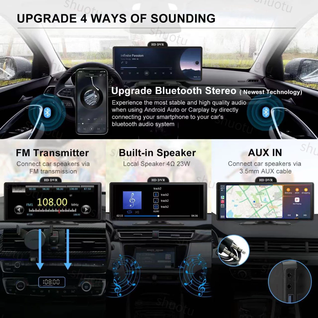 4K กล้องติดรถยนต์+กล้องหลังฟรี 10.26นิ้ว TouchScreen DVR WIFI บลูทู ธ เสียงควบคุมฟังก์ชั่น Android Auto carplay Dash Cam thumbnail 9