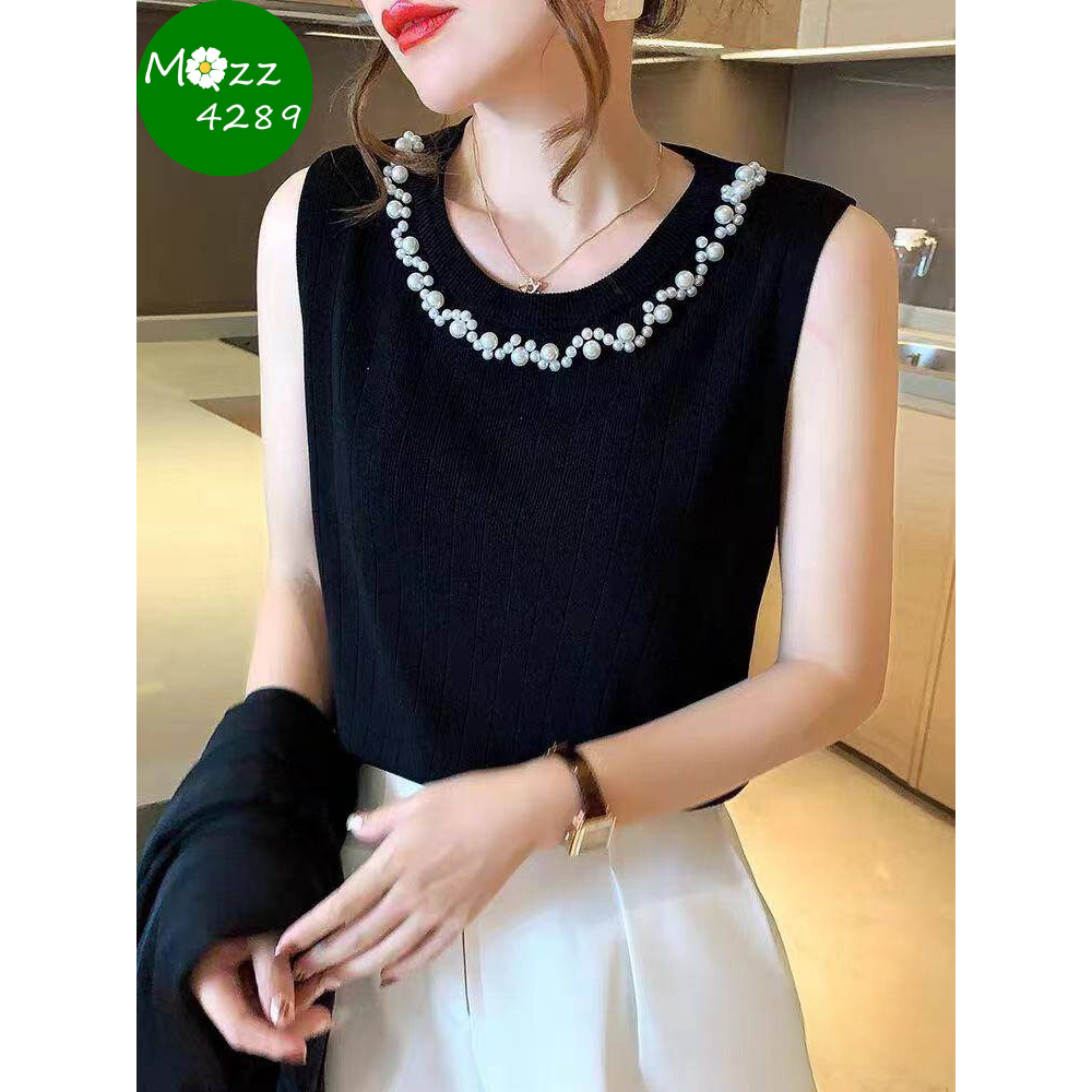 MQzz4289 เสื้อไหมพรมคอกลม ประดับไข่มุก เรียบหรู Freesize