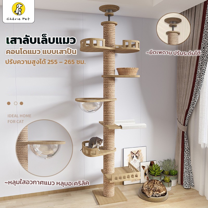 Cherie Petシ คอนโดแมว เสาปีนป่าย DIY สลับชั้นได้ เสาลับเล็บแมว PVC ยึดเพดาน ไม่ต้องเจาะ สูง 255 – 305 CM