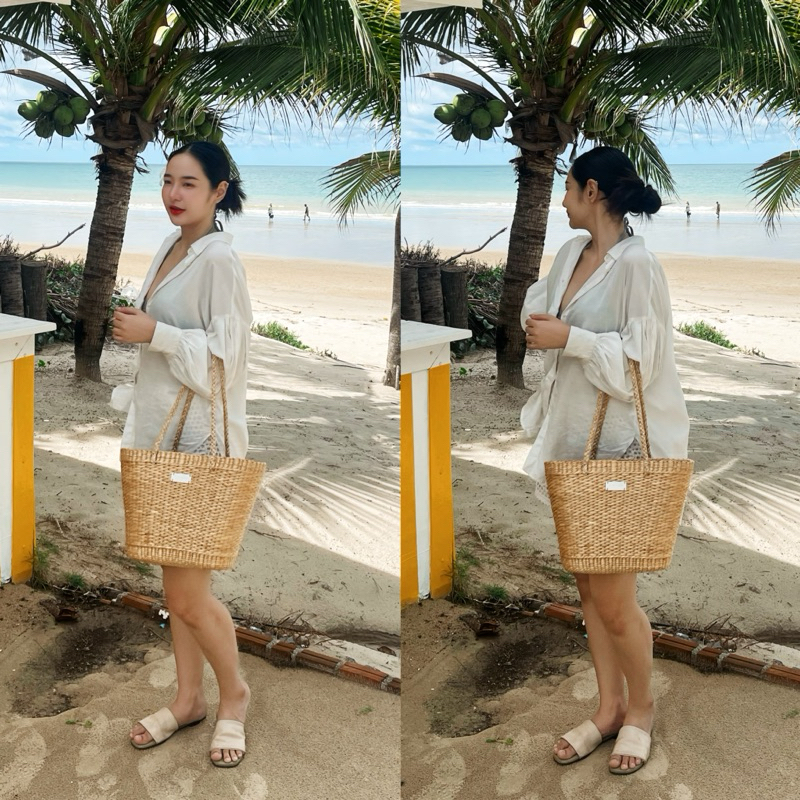 กระเป๋าสาน ผักตบชวาไปทะเล ใบใหญ่พร้อมส่ง สะพายไหล่ จุของเยอะ สวยน่าใช้งานแฮนเมดท์