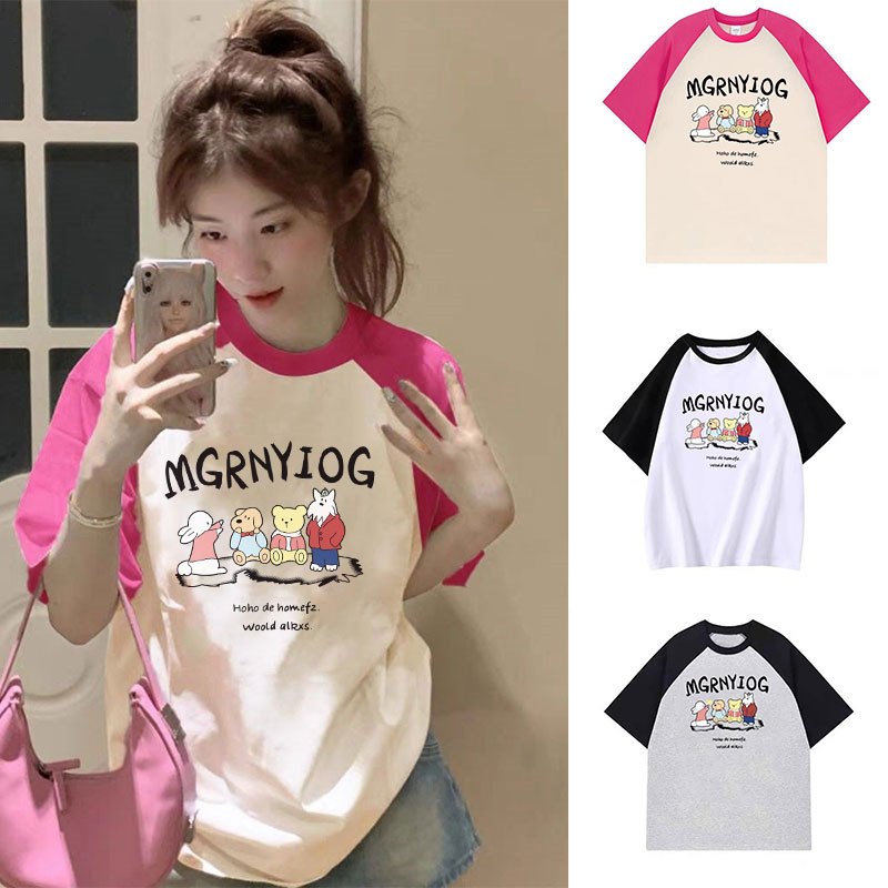 เสื้อยืดแขนสั้นทรงหลวมสไตล์เกาหลี สีทูโทน oversize เสื้อผ้าสาวอวบ​แฟชั่น ไซส์ใหญ่ เสื้อโอเวอร์ไซต์ผู้หญิง สกรีนลายการ์ตู