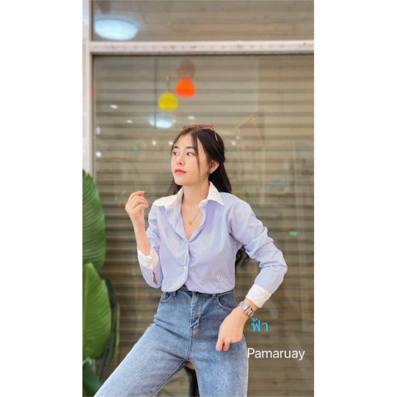 655 เสื้อคอปคอปกแขนยาวลายริ้วดีเทลแต่งปกและปลายแขนด้วยผ้าพื้นสีขาว