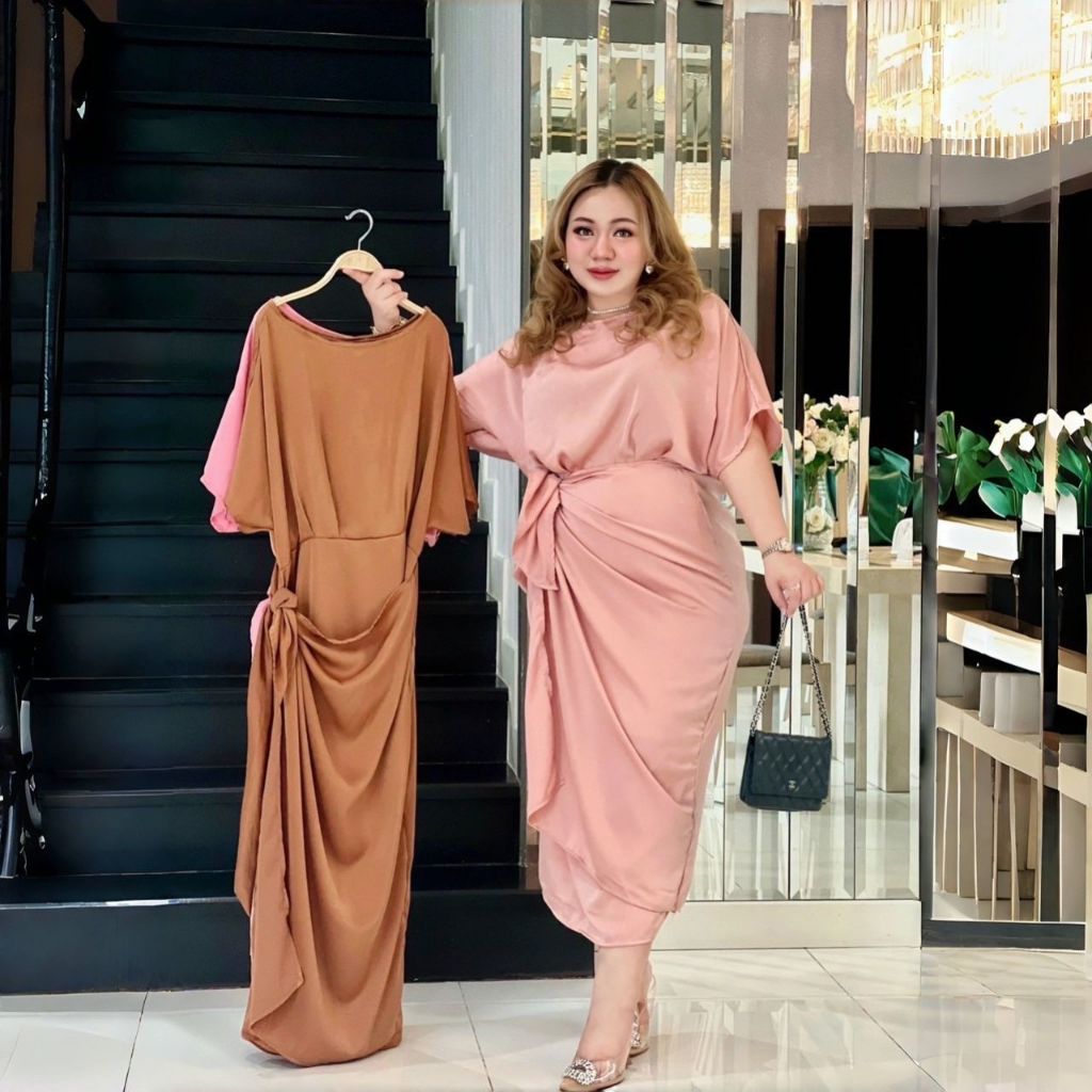 Plus size เดรสยาวไปงาน มีแขนทรงป้ายหน้าพันเอวผูกข้าง เนื้อผ้าวาเลนติโน่ เสื้อผ้าแฟชั่นผู้หญิง รุ่น ซาด้า (U78)
