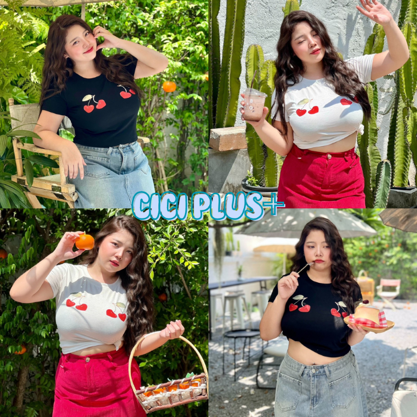 CiCi Plus+(93150)เสื้อครอปคอกลมแขนสั้น ดีเทลสกรีนลายเชอร์รี่ สไตล์สาวสาวพลัสไซส์ – โปรปัง