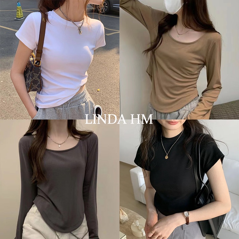 LINDAHMจัดส่งที่รวดเร็ว💨เสื้อยืด เสื้อแขนสั้น ผ้าฝ้าย ทรงสลิมฟิต นุ่มมาก สวมใส่สบาย มี2แบบให้เลื
