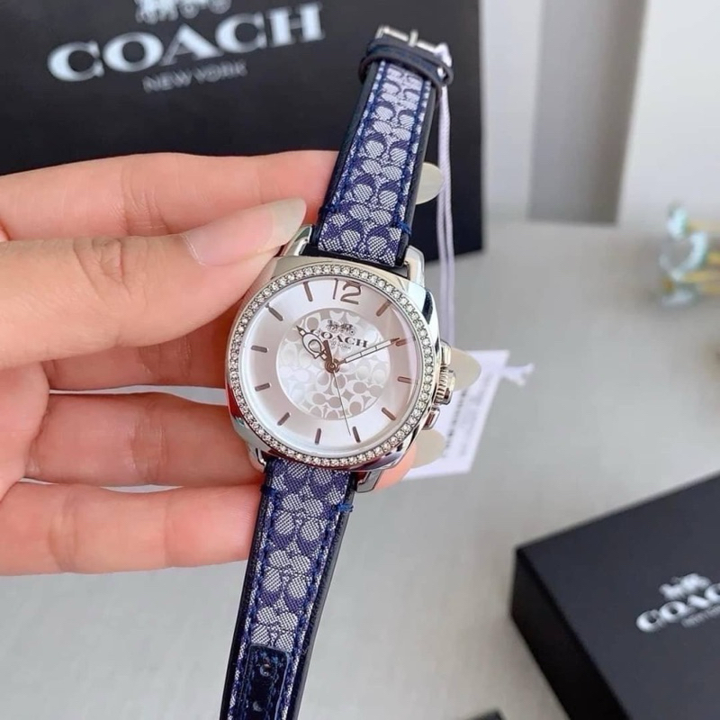 (ผ่อน0%)นาฬิกา COACH Women's 14503149 Boyfriend Signature Fabric Leather Strap Glitz Watch สายลายc สีน้ำเงิน