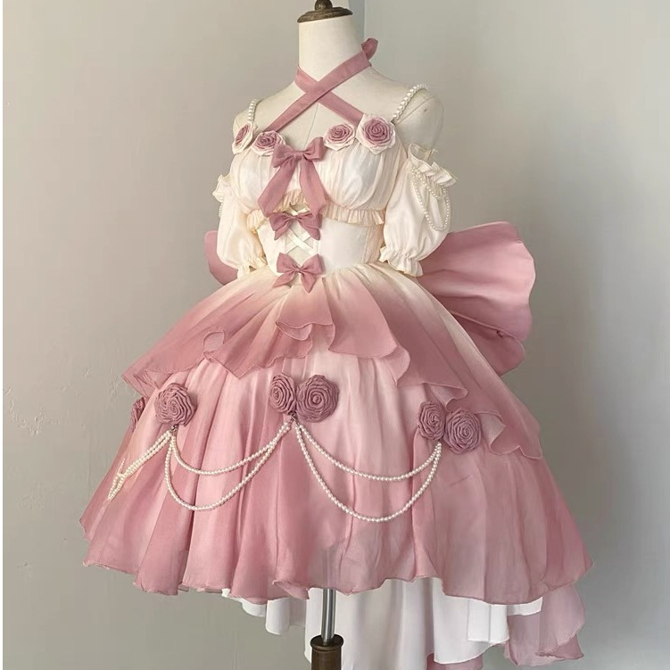 วินเทจวิคตอเรีย Lolita แต่งตัวสุภาพสตรีสง่างามโบว์หวานโซ่มุกใบบัวดอกกุหลาบแต่งตัว Kawaii