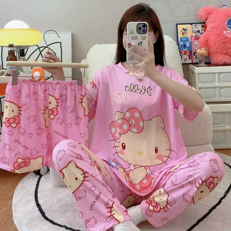 ❤️‍🔥พร้อมส่ง❤️‍🔥 ชุดนอนเซต3ชิ้น ผ้าคอตตอนคอกลม เสื้อ+กางเกงขาสั้น+กางเกงขายาว