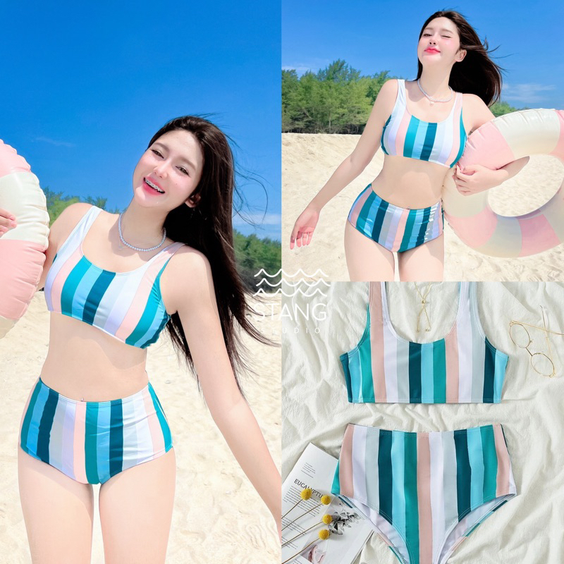 ชุดว่ายน้ำ บิกินี่ ลายทาง เขียวส้มขาว ตัดขอบสีเขียว พร้อมส่ง