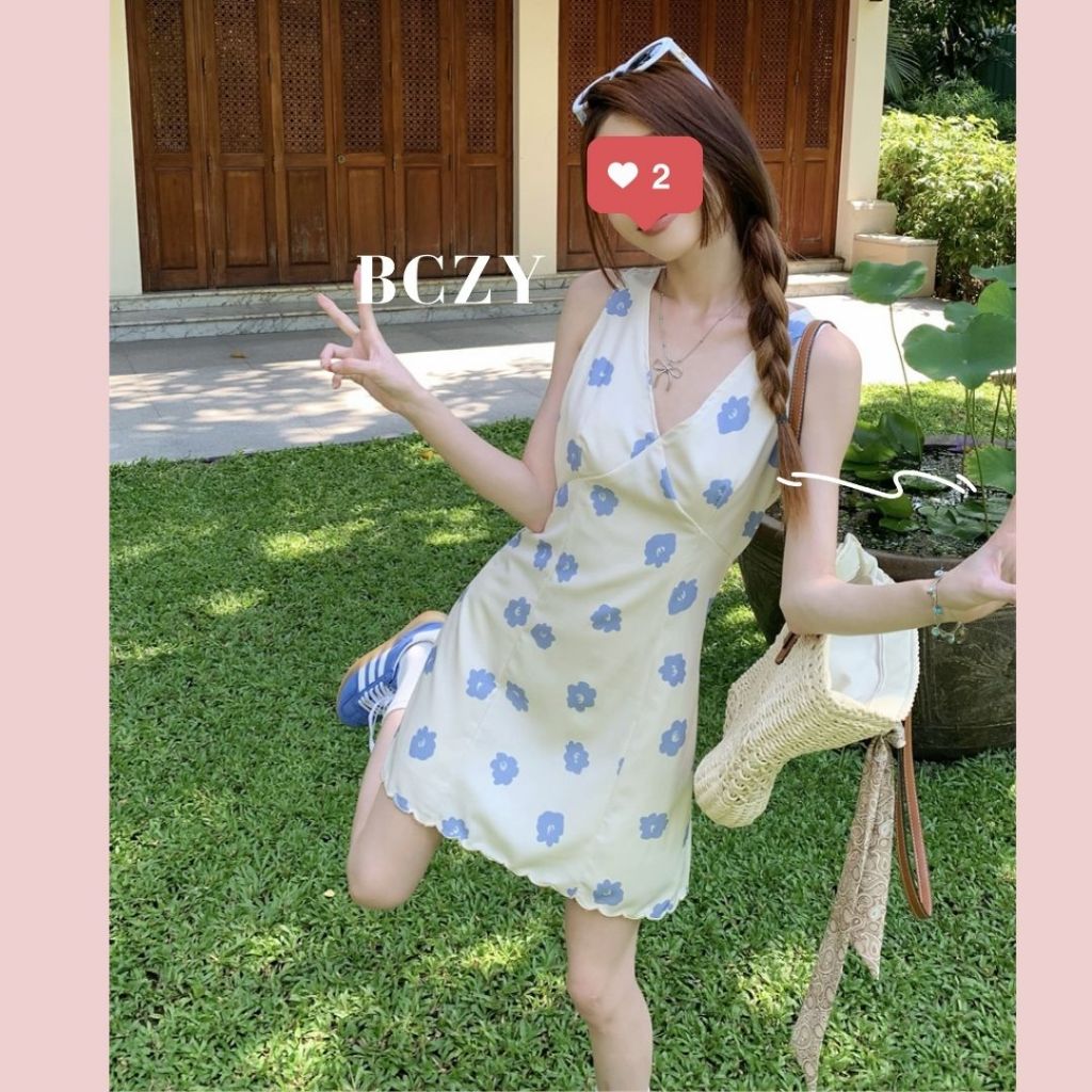 BCZY เดรสสั้น แขนกุด คอวี สีครีม ลายดอกไม้ละมุล🍧พร้อมส่ง🍧