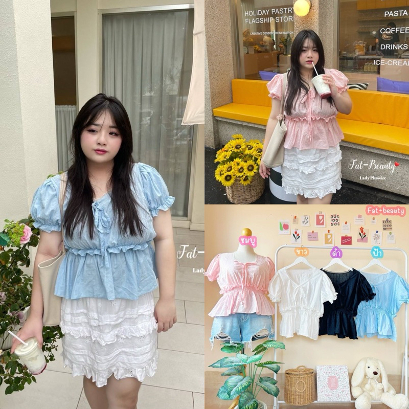 เสื้อแขนตุ๊กตาผ้าลูกไม้นิ่ม คอเหลี่ยมแต่งลูกไม้ช่างคอ ผูกโบว์น่ารัก จั้มเอวเบาๆ plussize สาวอวบ