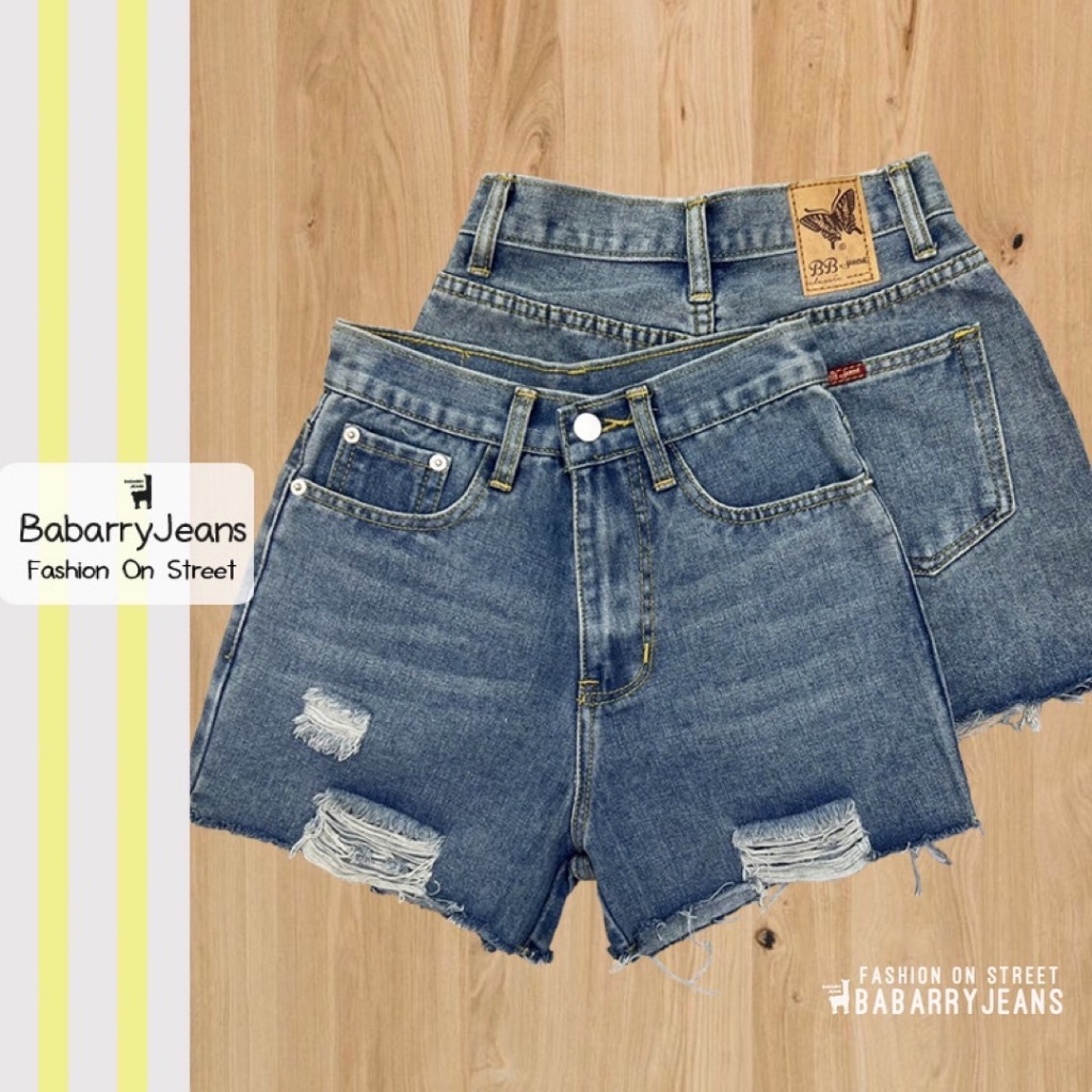 BabarryJeans กางเกงยีนส์ขาสั้น ผญ สีฟอก ทรงสวย