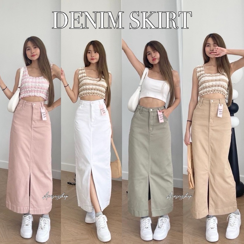 Acasey กระโปรง ผ้ายีนส์ ผ้ายืด ตัวยาวผ่าหน้า ไซส์ S - XL รุ่น กระโปรงผ่าหน้า เรีบบGm