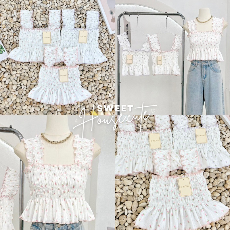 SweetHouse #249 เสื้อสายเดี่ยวสม็อคผ้าลายดอกกุหลาบจิ๋วสีหวานพาสเทลน่ารักมากก