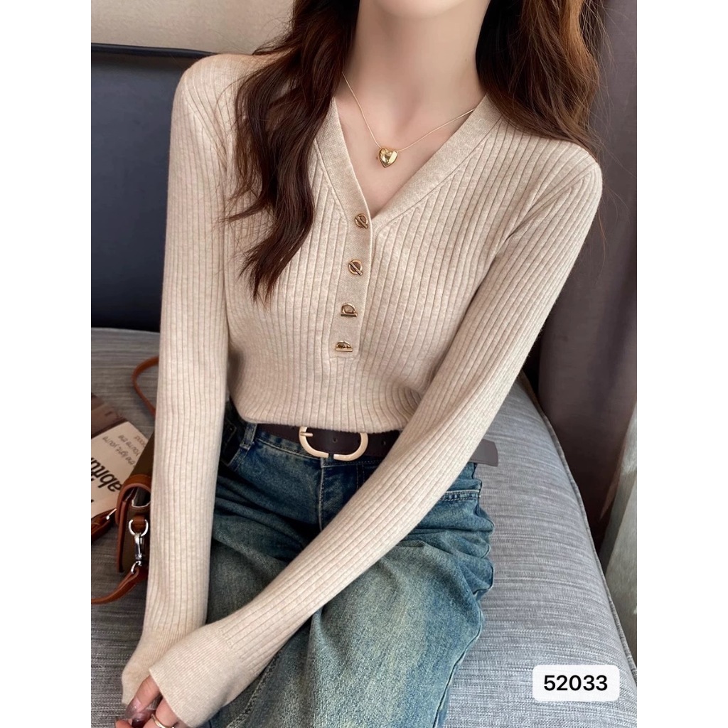 (#52033)เสื้อไหมพรมแขนยาว คอวี ผ้านิ่ม สวมใส่สบาย มี6สี