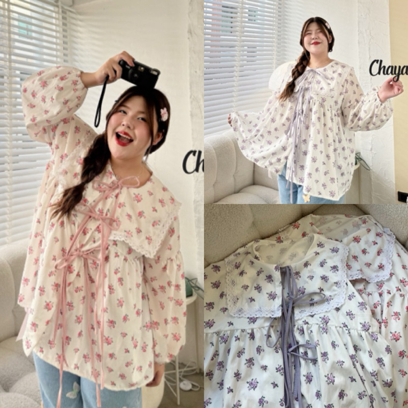 LD เสื้อคอปกแต่งลูกไม้ เนื้อผ้าครัชปริ๊น ลายกุหลาบ ตกแต่งเชือก ไซส์ใหญ่