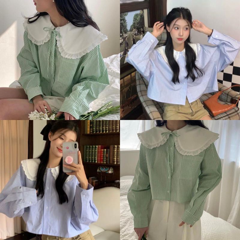 เสื้อแขนยาวลายทาง คอบัวขาว