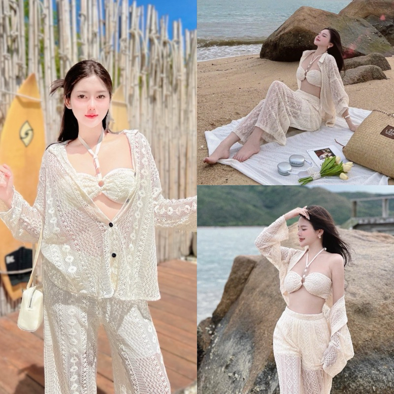 Teera พร้อมส่ง Set’แนวทะเล ครบชุด’กันแดด ก็สวยไฮแล้วsis ผ้าถักบาง ผ้าเนื้อดีมาก goodluck