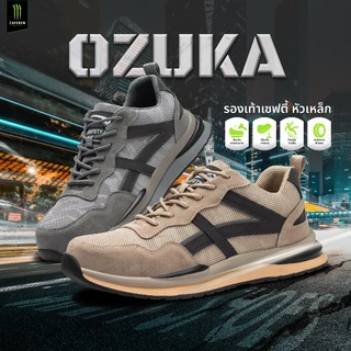 รองเท้าเซฟตี้สนีกเกอร์ รุ่น "OZUKA" สีดำ กันน้ำ มีแถบสะท้อนแสง หัวเหล็ก พื้นกันลื่นทนต่อสารเคมี หนังกลับ ทนต่อสะเก็ดไฟ