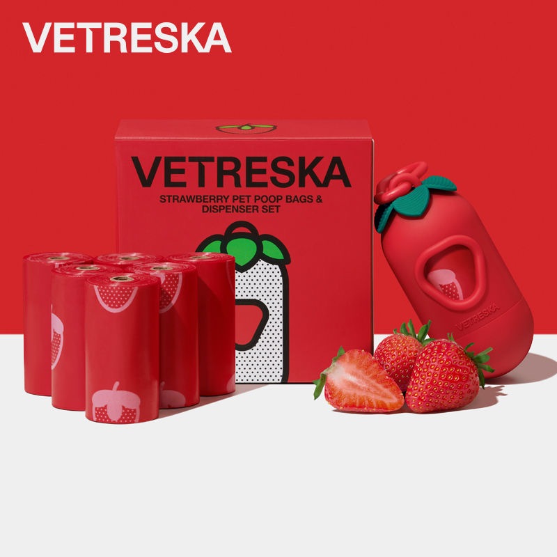 Pet Poop Bags (Strawberry Set) แคปซูลใส่ถุงขยะสำหรับเก็บมูลสัตว์เลี้ยงแบรนด์ Vetreska กลิ่นสตรอว์เบอร์รี ถุงเก็บอึแมว