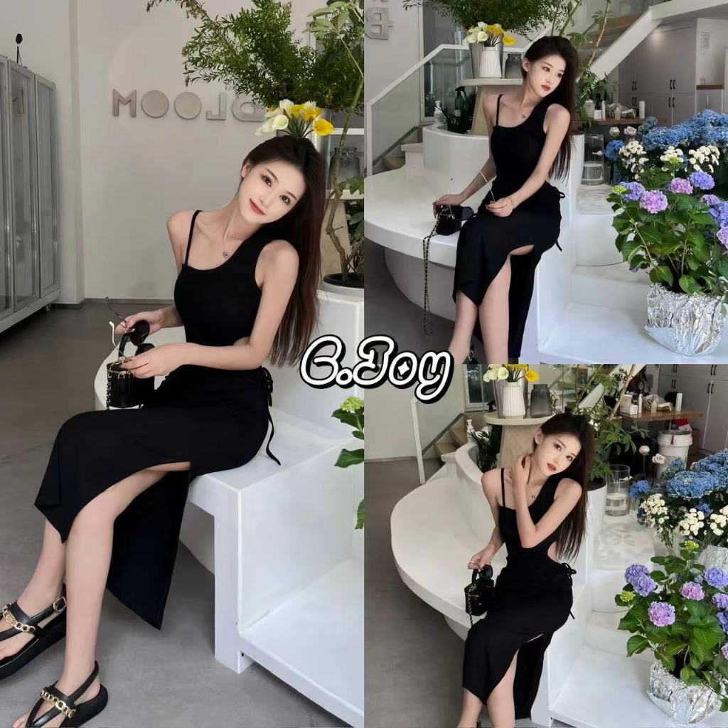 C.Joy💓เดรสสายเอี๊ยมมีเชือกรูดเปิดเอวผ่าข้างเดรสยืดทรงสลิมกระโปรงยาว