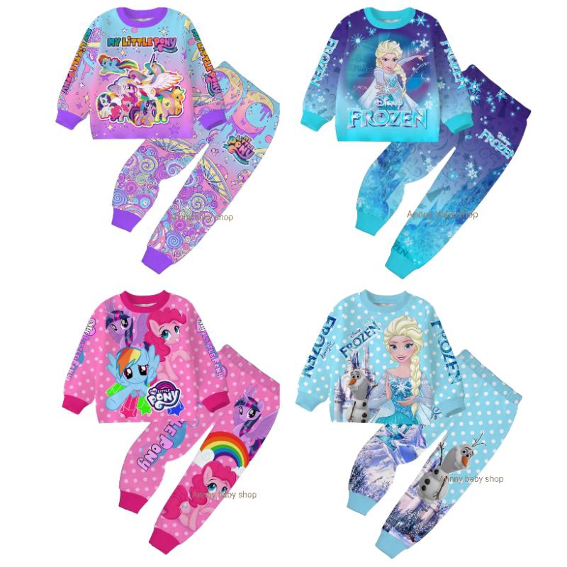 {พร้อมส่ง }ชุดแขนยาวขายาวเด็กผู้หญิง ผ้าลื่นไมรโคร พิมลายการ์ตูน