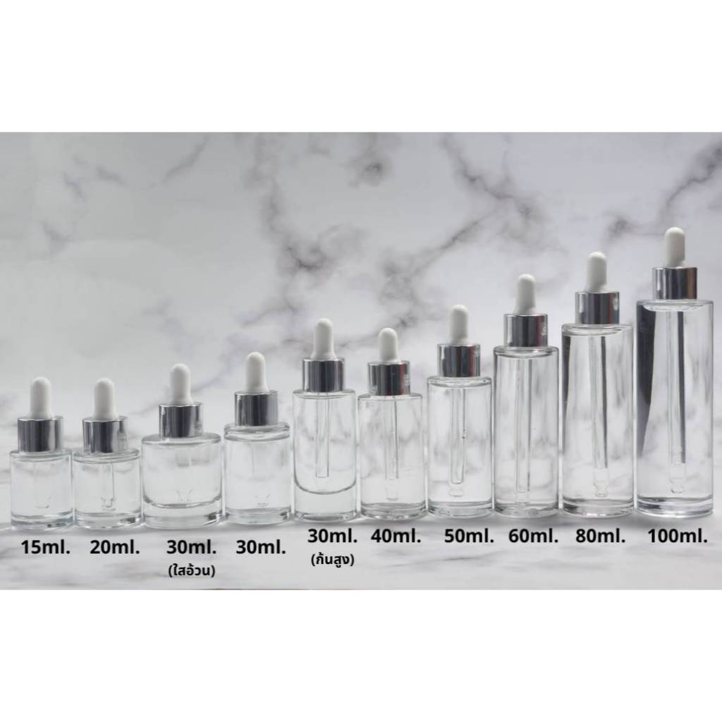 ขวดแก้วพร้อมดร็อปเปอร์(ฝาสีเงิน จุกขาว)ขนาด 15ml 20ml 30ml 40ml 50ml 60ml 80ml 100ml หัวบีบหยด ใส่เซรั่ม เอสเซ้น ขวดแบ่ง