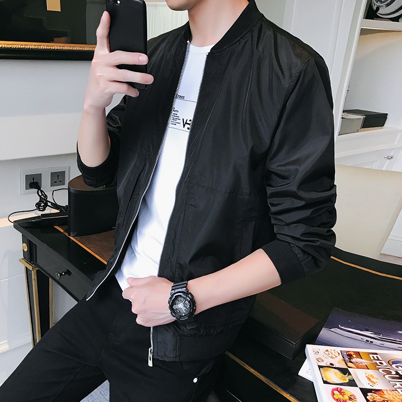 เสื้อแจ็คเก็ตบางผู้ชาย เสื้อแจ็คเก็ตเบสบอลลำลองปกตั้งสำหรับวัยรุ่น สีดำ M-3XL