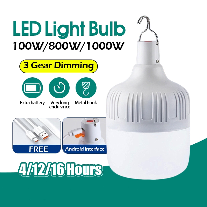 หลอดไฟ LED ชาร์จได้ led ไร้สาย 100W/800W/1000W ไฟฉุกเฉิน ไฟตั้งแคมป์ โคมไฟ