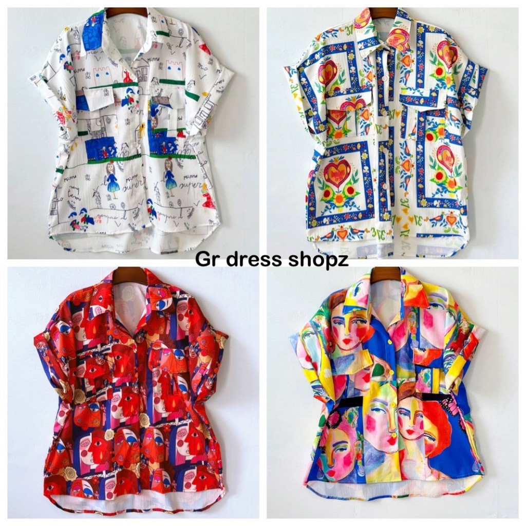 ป้าย P.pream Shop เสื้อเชิ้ตแขนสั้นพิมพ์ลาย อก 46 นิ้ว